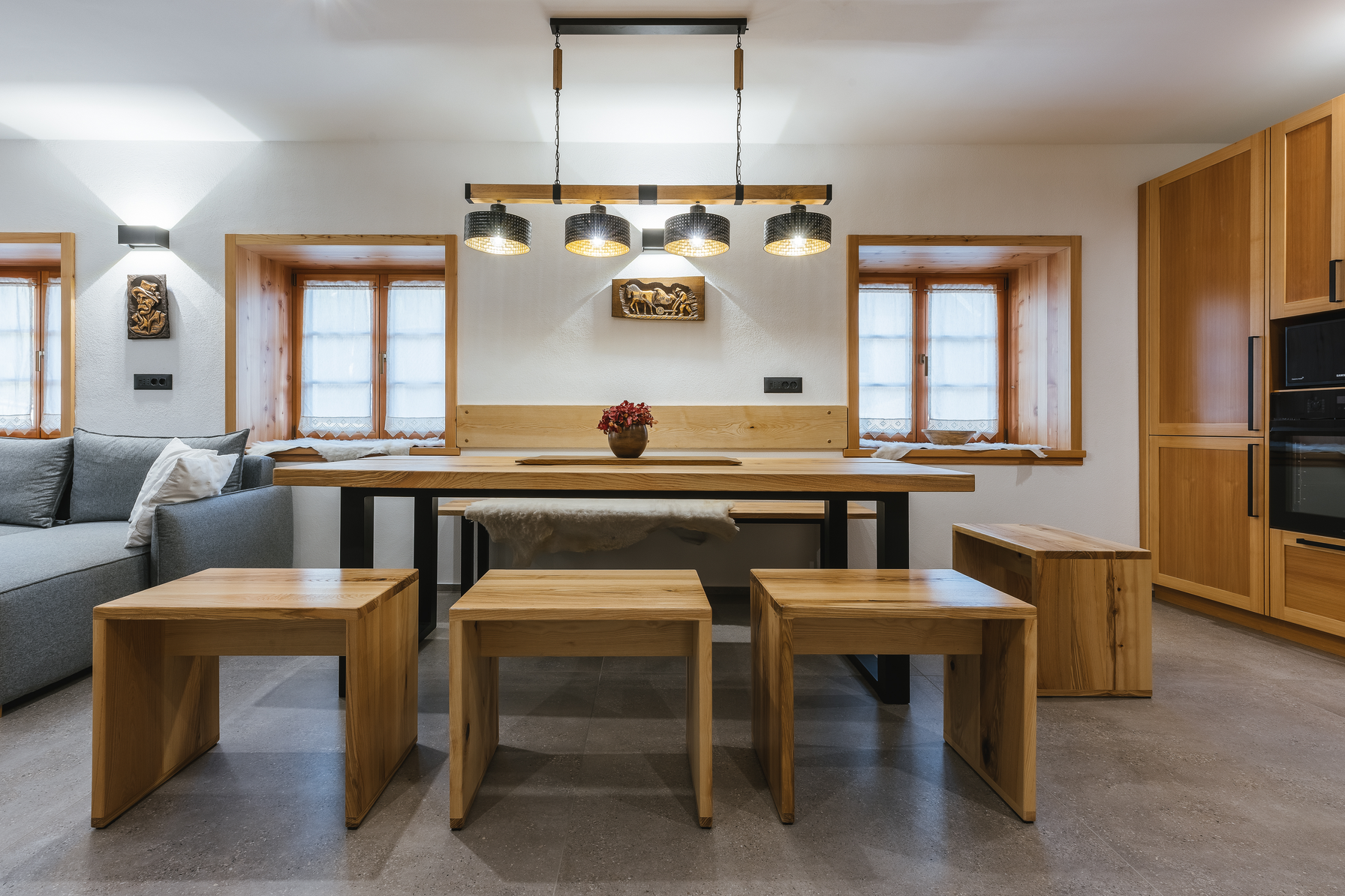 Dining area with solid wood table and bench seating