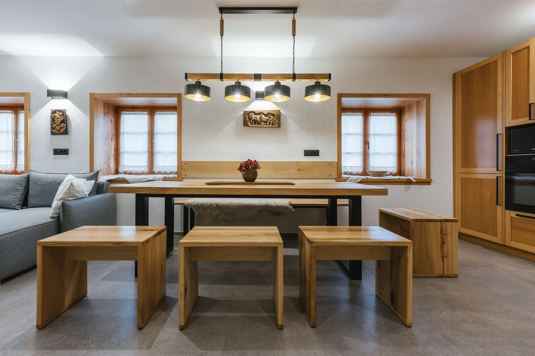 Dining area with solid wood table and bench seating
