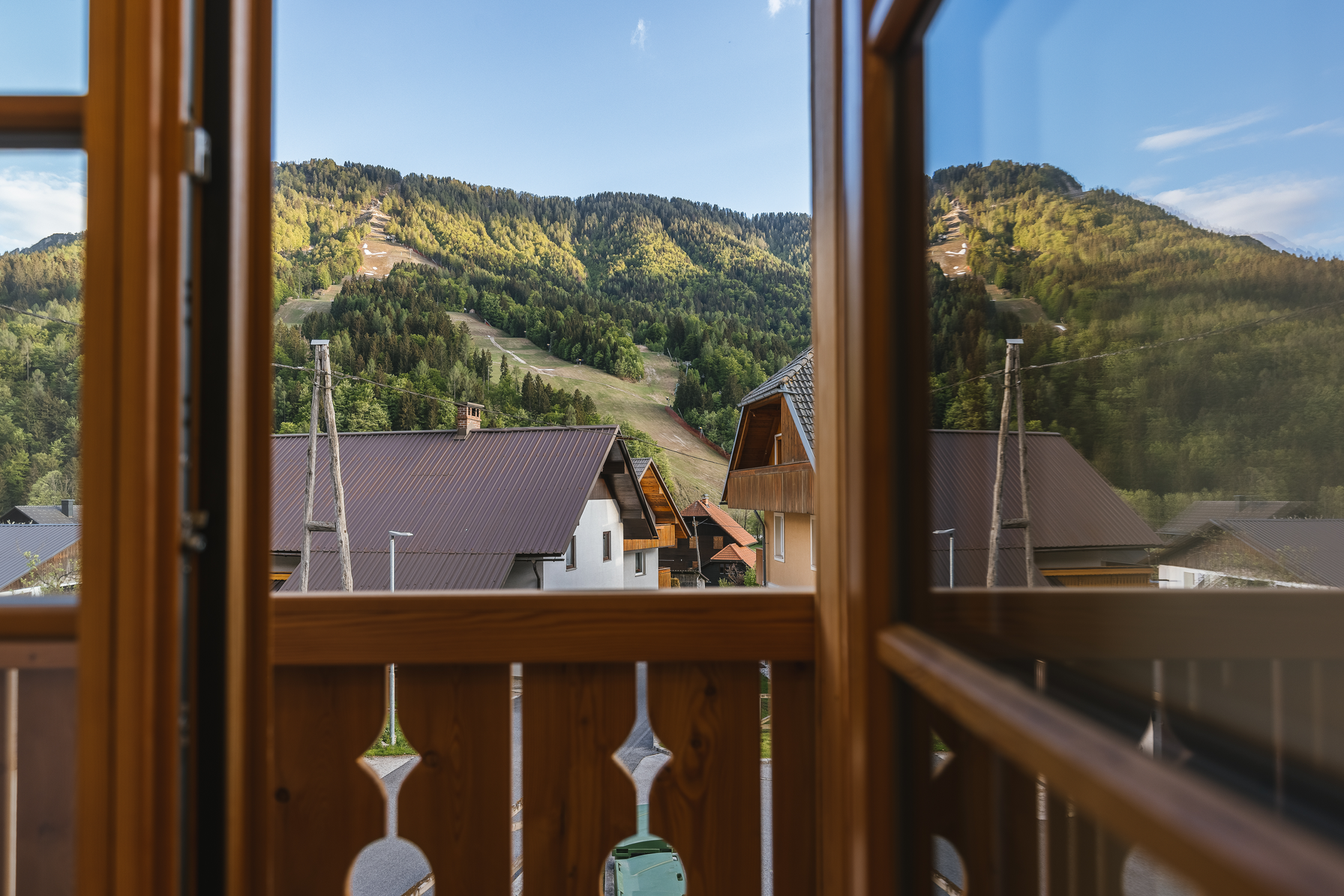 Mountain and ski slope panorama from bedroom balcony