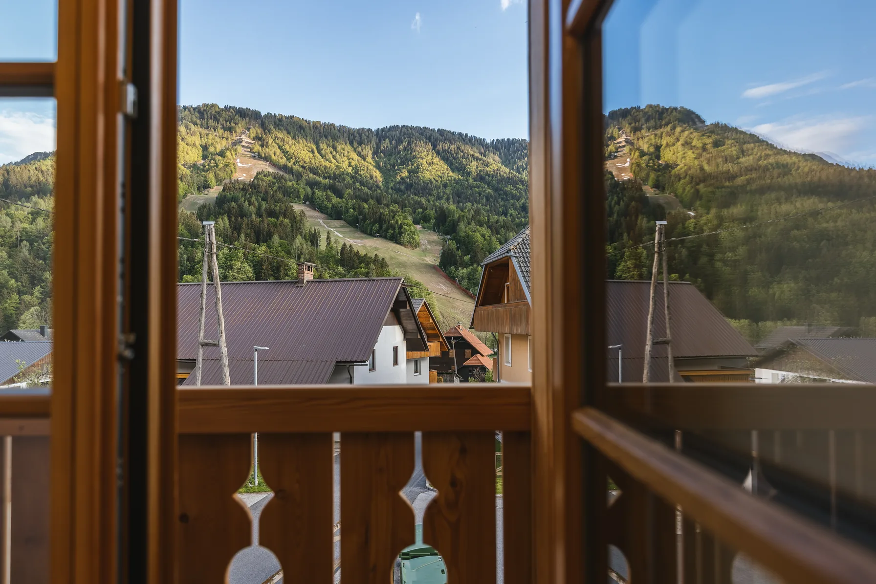 Mountain and ski slope panorama from bedroom balcony