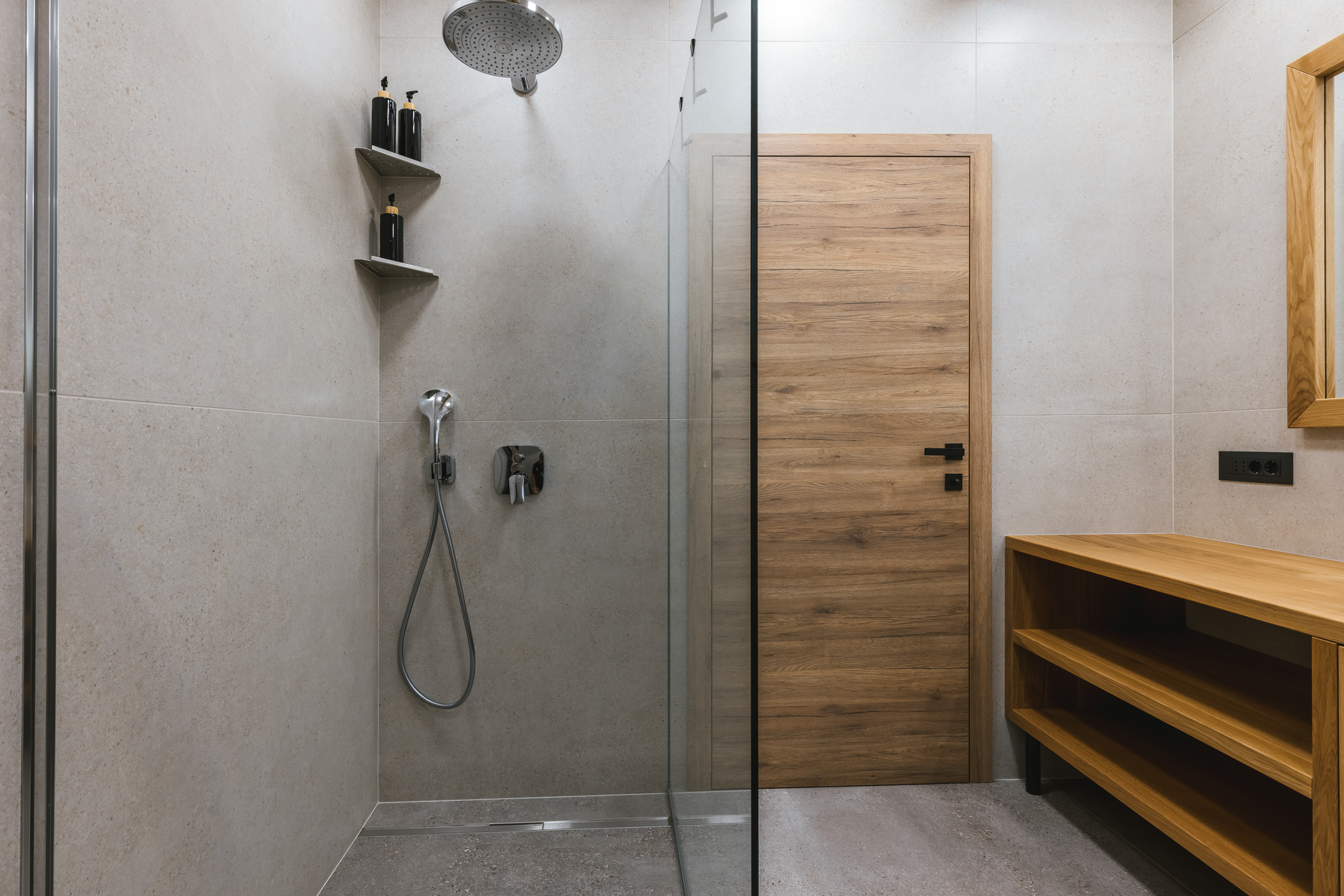 Upstairs bathroom shower with glass partition